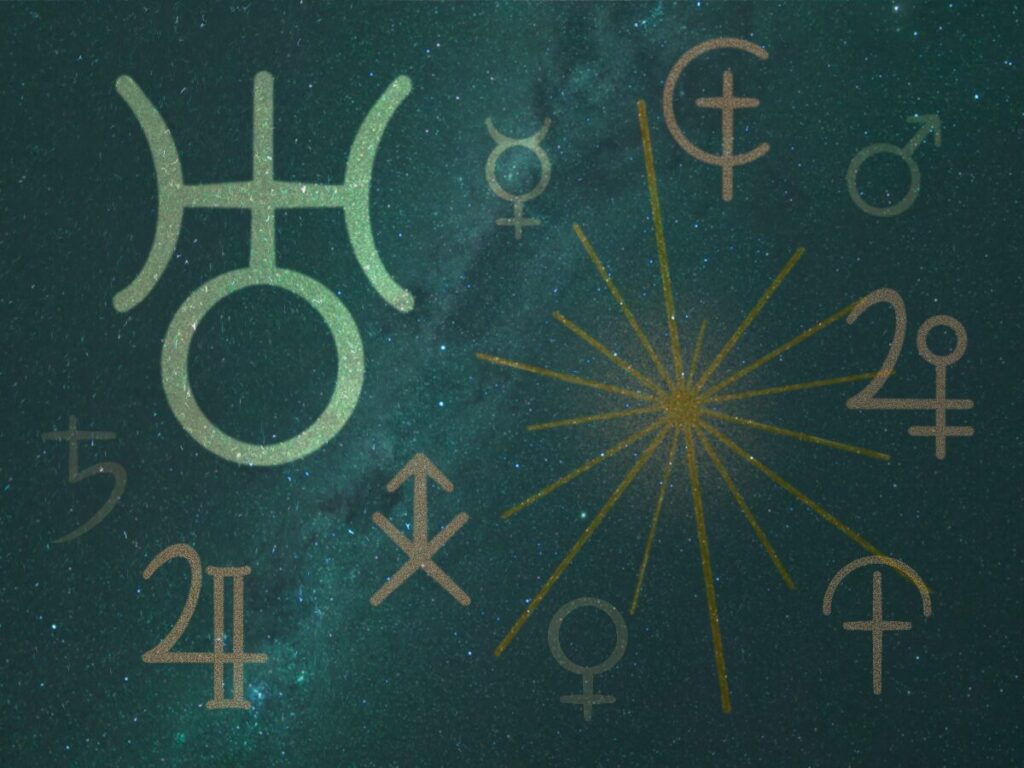 Decorarive image of a starburst and Uranian Astrology glyphs (symbols)