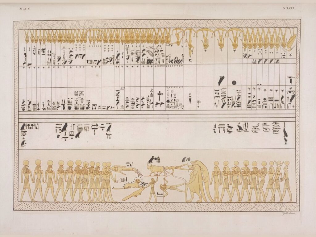 An illustrative copy of Egyptian Hierogypphs discovered in a tomb which features zodiac symbols and images.