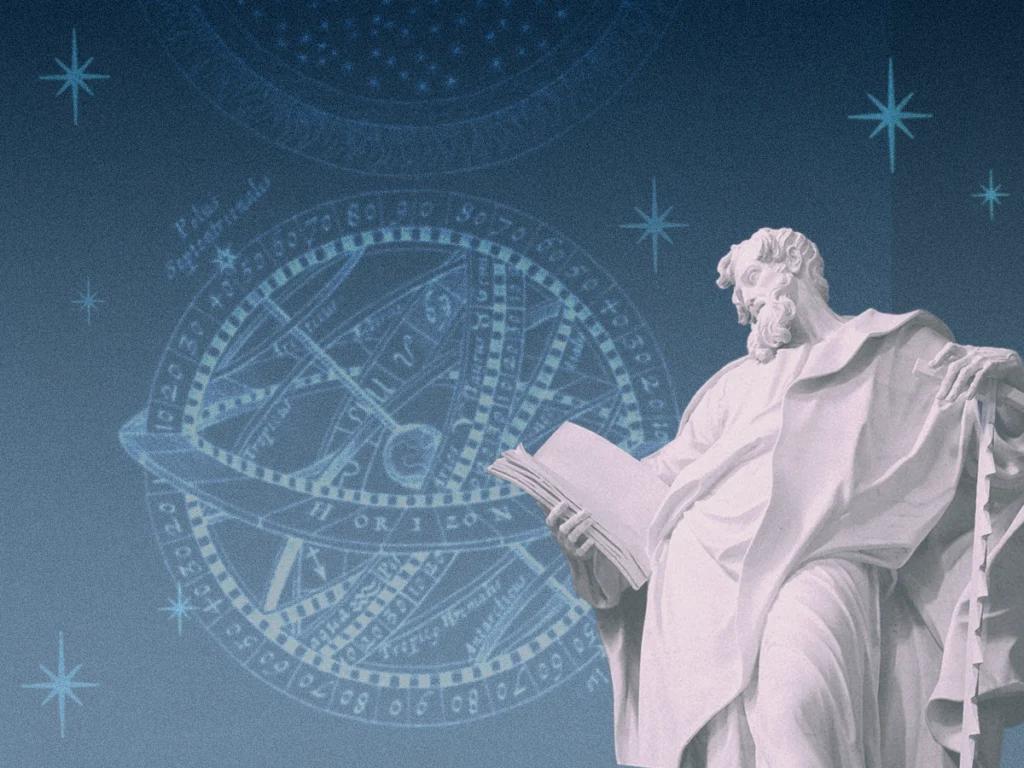 Diagram of the Earth and its ellipses with a Greek statue. Astronomy vs astrology - the history of astrology and astrology not a science