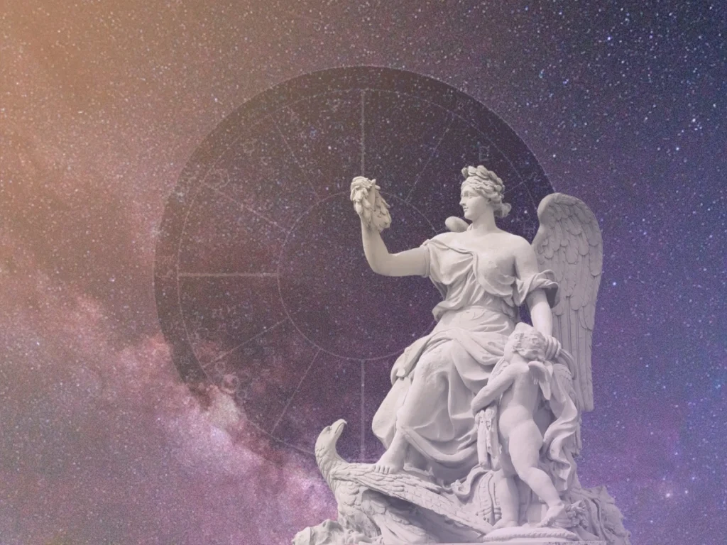 The ruler of the ascendant in natal astrology represented by a greek statue with wings, overlayed on top of a circle with a colorful image of the milky way behind it.