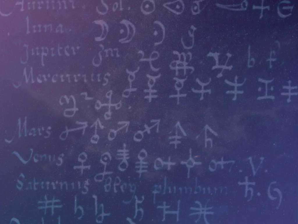 16th century caligraphy of astrology glyphs in an alchemy manuscript with an indigo and purple background